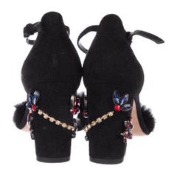 Stuart Weitzman Embellished Suede Fur Sandal Heels - Picture 7 of 15